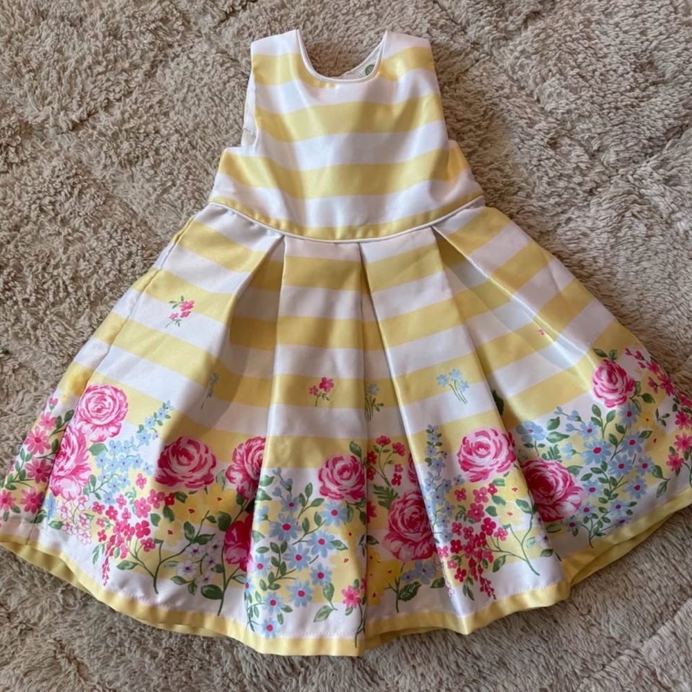 Little Me Yellow and White Striped Floral Fit-and-Flare Dress